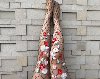 Midnight in Paris Fishnet Stockings | Flower Vintage Wedding Pantyhose | 3D flower tights