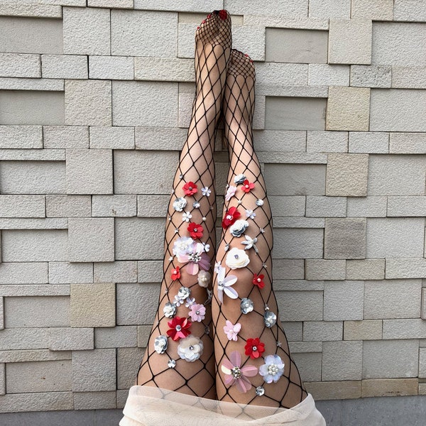 Minuit à Paris, bas résille | Collants de mariage vintage à fleurs | Collants à fleurs 3D