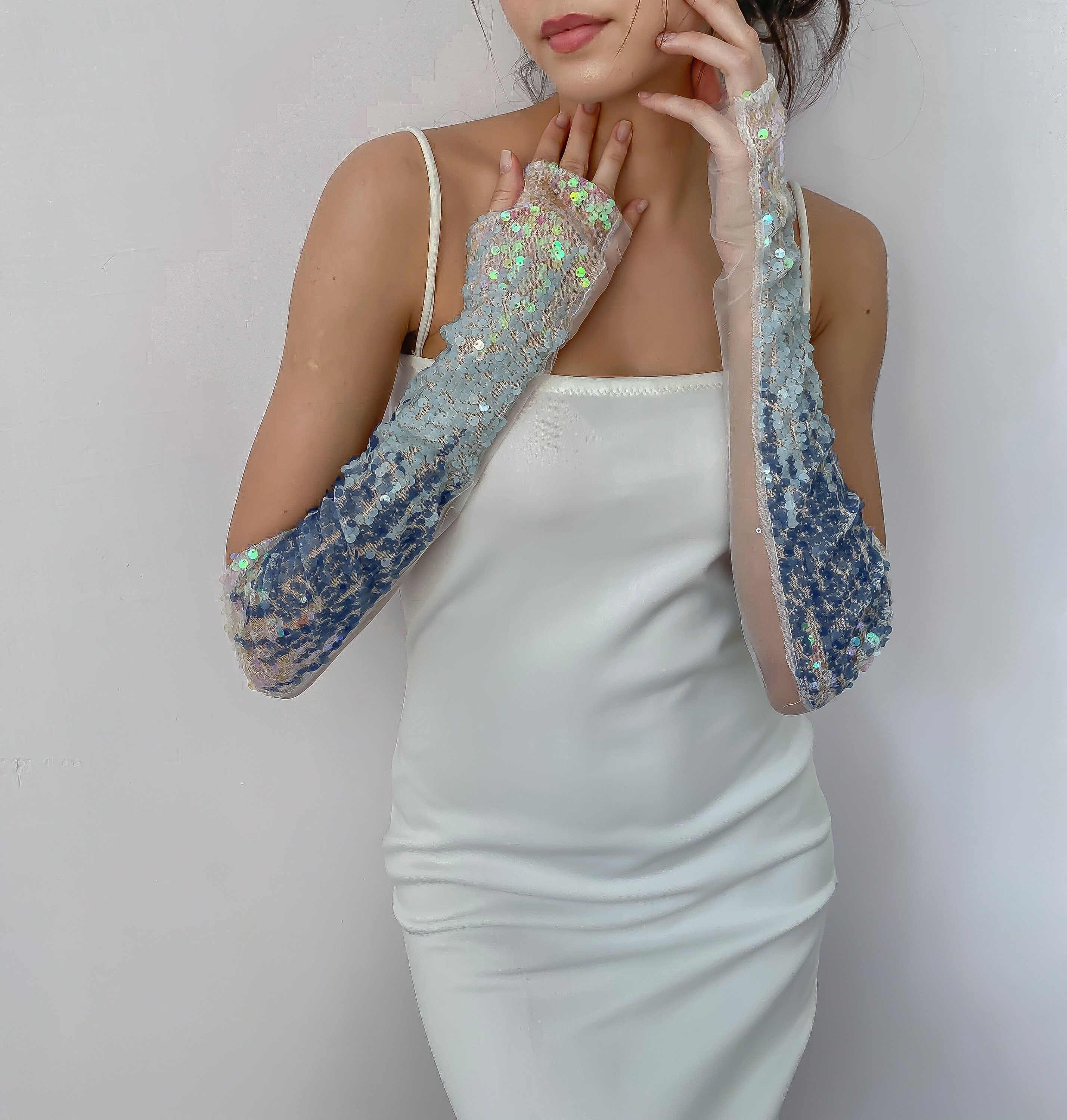 Ombre Blue Disco Gloves| Sequinned Blue Sheer Tulle Gloves| Vintage ...