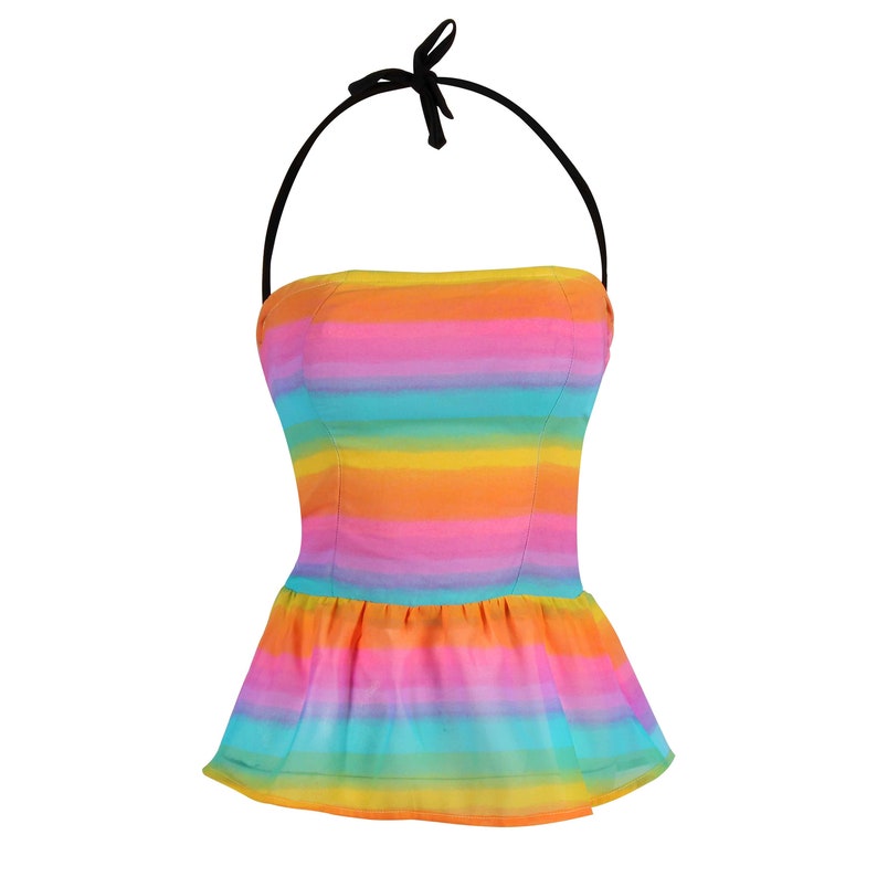 End Of The Rainbow Peplum Top Multi-colour Halter Beach Top Hawaiian Strap Flowy Boho Top image 5