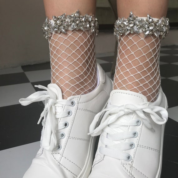 Jewel Encrusted White Fishnet Socks Crystal Socks Bejeweled Fishnet Socks  Sexy Ankle Fishnet Socks 