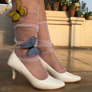 Silk Butterfly Embellished Tulle Socks| Bridal Socks| White Sheer Mesh Socks| 3D Butterfly Ballerina Socks| Pretty Dress Socks