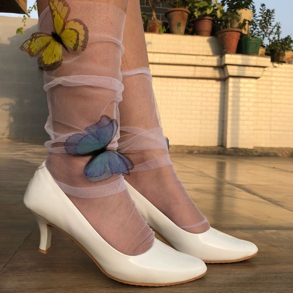 Silk Butterfly Embellished Tulle Socks Bridal Socks White Sheer