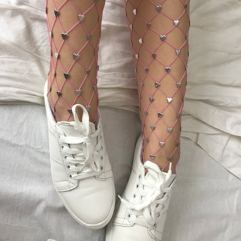 Pink Cupid Fishnet Stockings Hearts on Fishnet tights | Cosplay Vintage Pantyhose