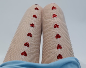 The "Barbie Bride" by KERRY PARKER- HELENA Fishnet Pantyhose | Barbie themed Bridal Tights with Crimson crystal hearts | Fishnet stockings