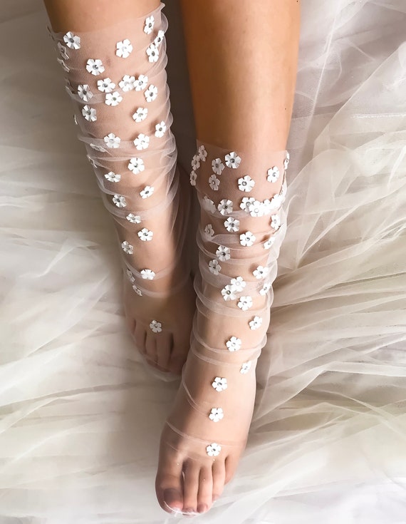 Vision in White Tulle Socks Floral Embellished Tulle Socks Sheer Mesh Socks  fancy Bridal Socks Pretty Ballerina Socks 