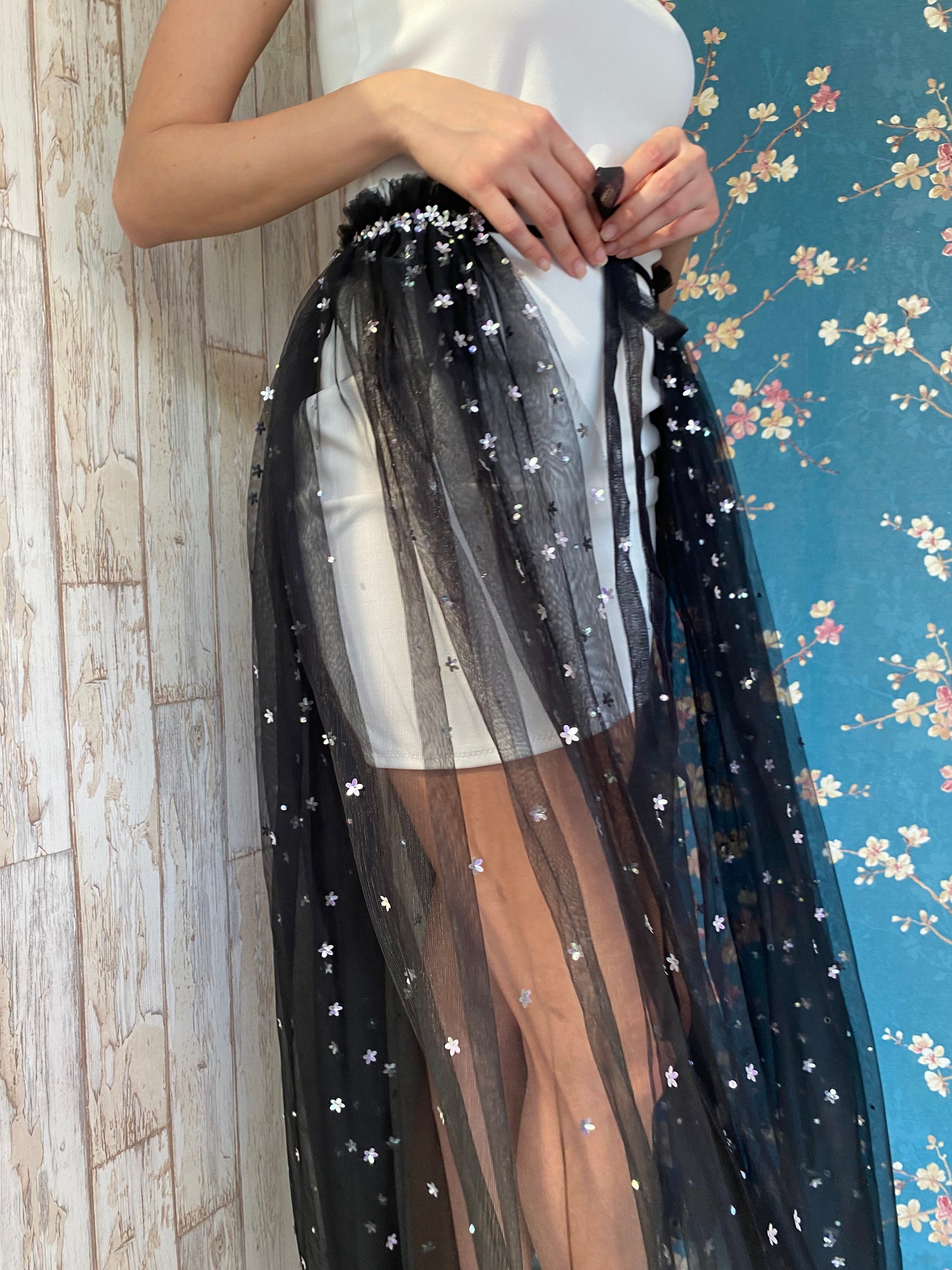 Medusa Tulle Train Belt | Black Waist Cincher With Flowers