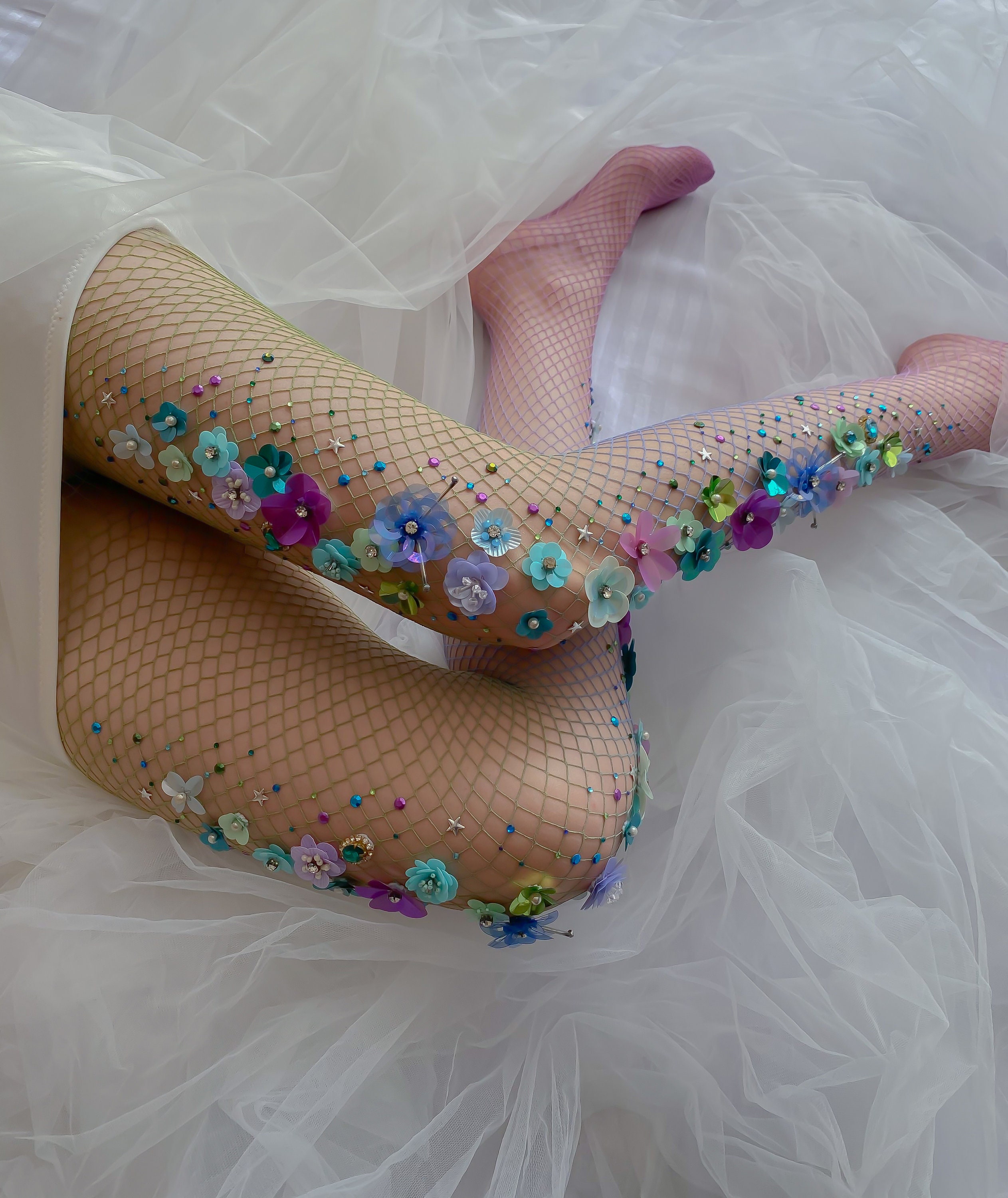 Mermaid Fishnet & Sheer Colored Tights with Seashell & Flower Detail