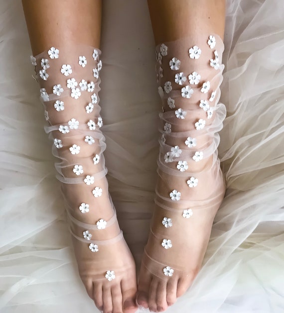 Vision in White Tulle Socks Floral Embellished Tulle Socks Sheer