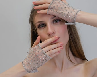 The "Barbie Bride" by KERRY PARKER- The RIRI Gloves | Barbie wedding gloves | Embellished Bejeweled Swaroski detailing sheer Tulle Gloves