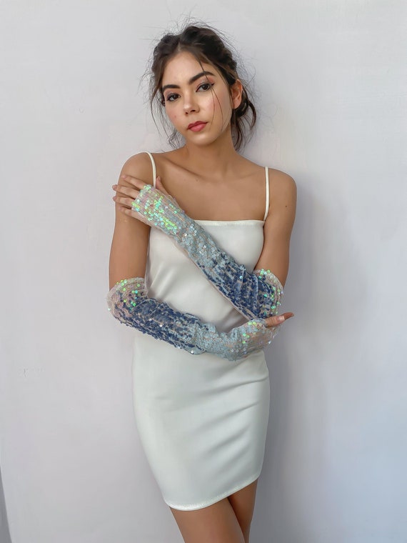 Ombre Blue Disco Gloves| Sequinned Blue Sheer Tulle Gloves| Vintage Embellished Designer Bridal Mesh Gloves | Something Blue Gloves