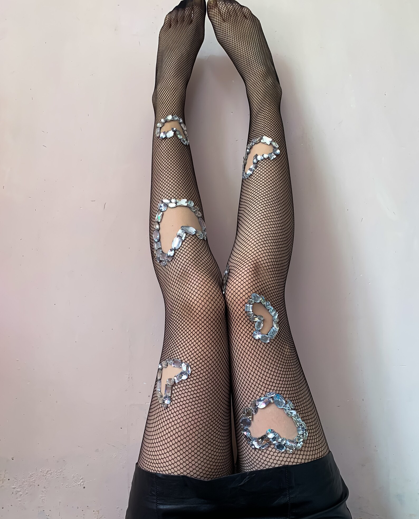 Black Mirror Fishnet Stockings Jeweled Heart Cutout Vntage | Etsy