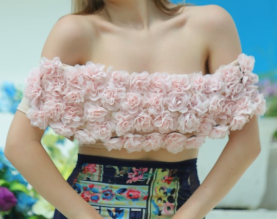 A Bouquet of Roses Bardot Top Baby Pink off Shoulder Crop Top 3D