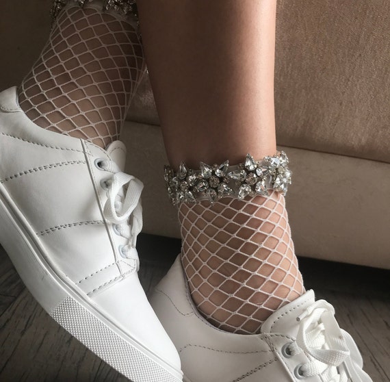 Jewel Encrusted White Fishnet Socks Crystal Socks Bejeweled