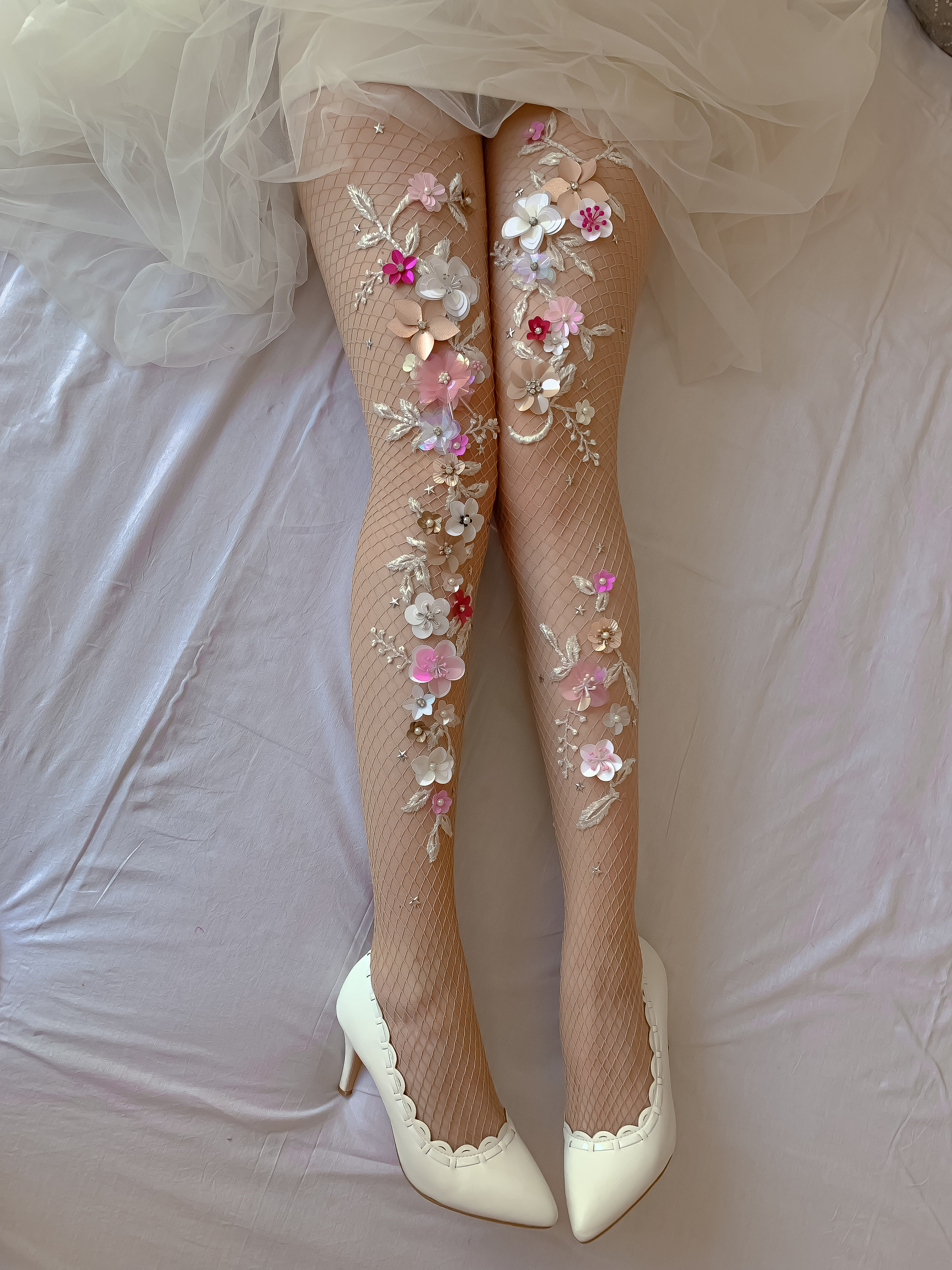 Embellished White Fishnet Tights. Little Fur White Satin Flowers Pearl  Decorations Large Mesh Lolita Tights. Bridal Shower. -  Singapore