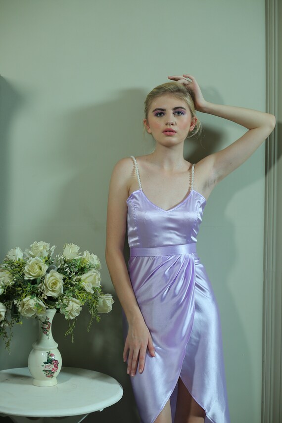 purple satin wrap dress