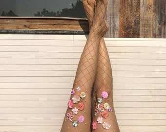 Pink Panther Fishnet Stockings | Vintage Wedding Flower Pantyhose | 3D flower pinup tights