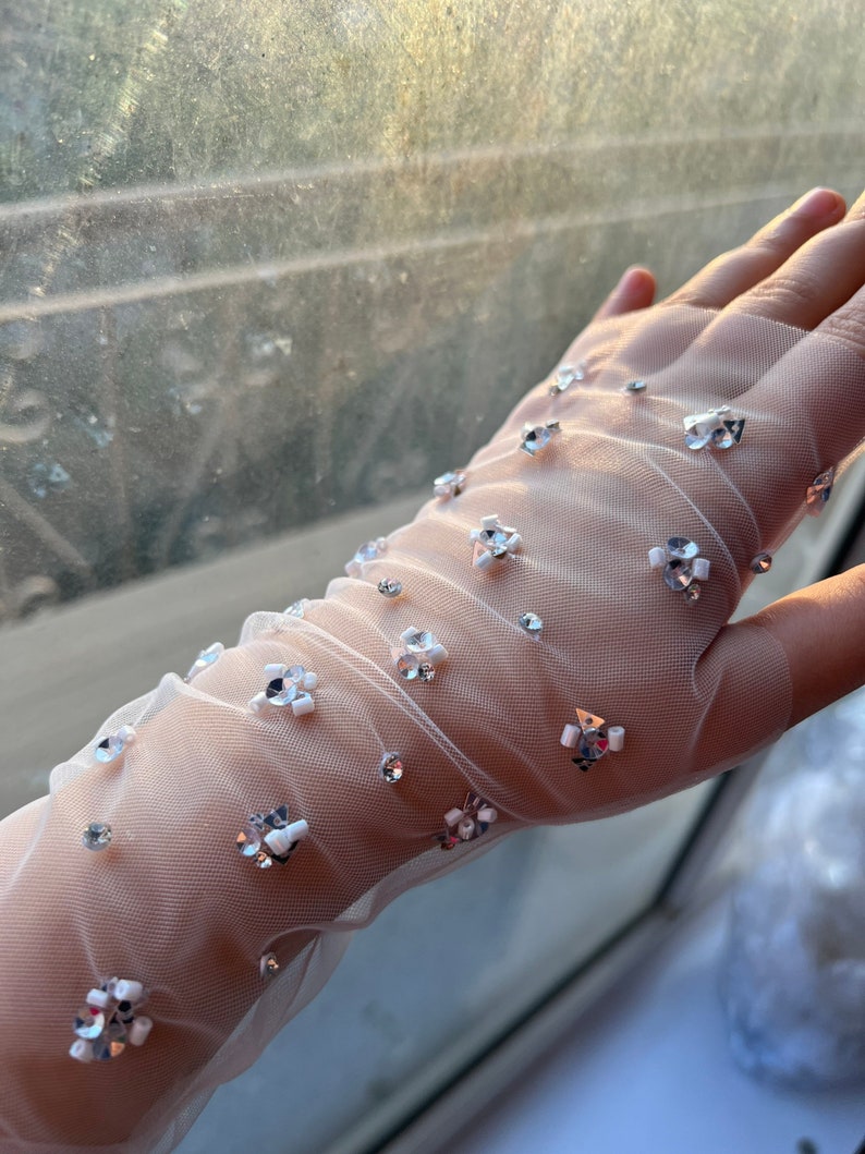 May include: White sheer gloves with silver and white embellishments. The gloves are made of a delicate mesh fabric and have a subtle sparkle.