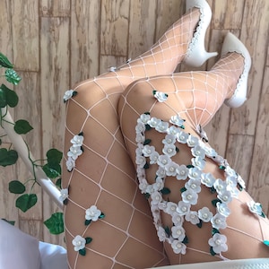 VINEYARD FISHNET STOCKINGS | Floral White Tights | 3D Flower Cosplay Pantyhose | Flower Vine Branch Tights | Festival Tribal Nature Leggings