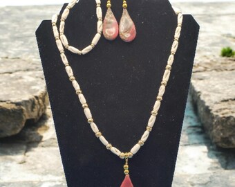 Ceramic Teardrop pendant on white spiral beaded necklace