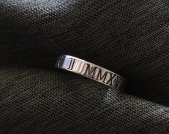 Roman Numeral Band Ring Sterling Silver, Date Birthday, Anniversary Ring, 925 Solid Silver, Thick Ring, Minimalist