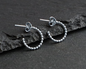 Beaded Hoop Earrings Sterling Silver, 925 Solid Silver, Beaded Profile Half Hoops, Minimalist Boho Style