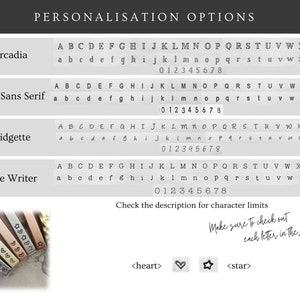 May include: A graphic showing different font options for personalization. The fonts include Arcadia, Arial Sans Serif, Bridgette, and Type Writer. The graphic also shows the characters available in each font, including numbers and symbols like a heart and a star.