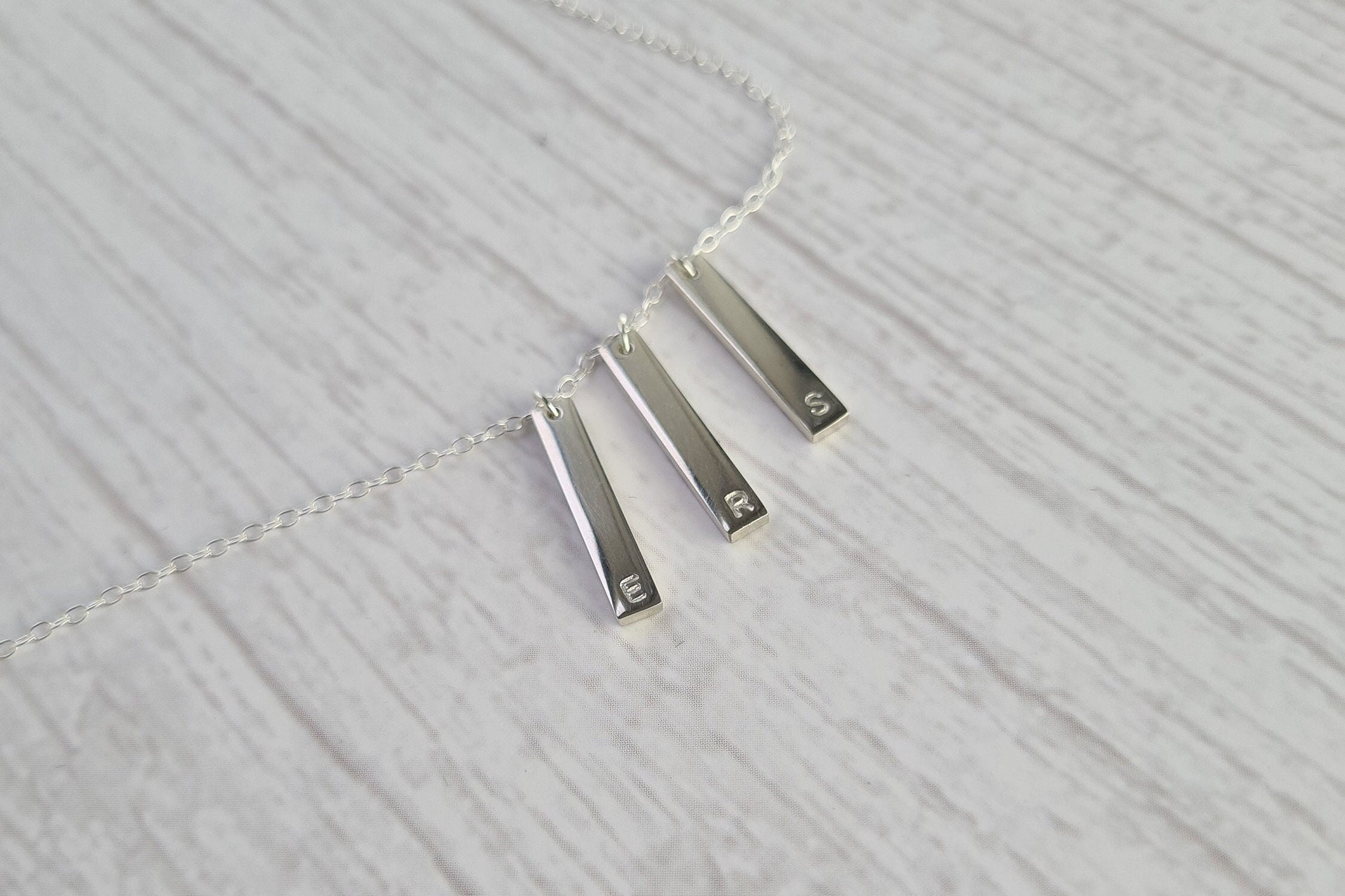 Personalised Tag Necklace Sterling Silver Necklace, Initials, Monogram Gift for Mum, Family Name, Date, Roman Numeral Jewelry, Vertical Bar