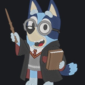 May include: An embroidered design of a blue dog character wearing round glasses, a black robe, and a grey sweater with a tie. The character holds a brown wand in one hand and a closed brown book in the other, set against a solid black background.