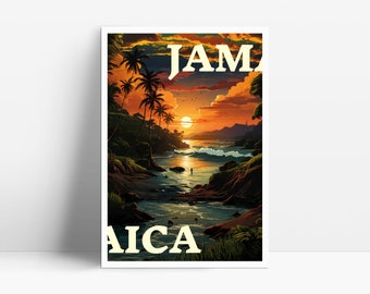 Può includere: Un poster vintage di viaggio con un tramonto su una spiaggia tropicale. Il poster dice "JAMAICA" in un font giallo.