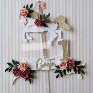 Tårtdekoration HÄSTkarusell, KARRUSSELL, rosa och guldglitter