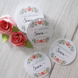 ETIQUETAS redondas de Bautismo o Boda, guirnalda floral, hojas
