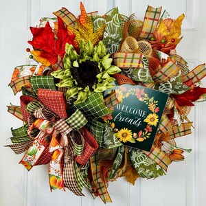 Fall autumn wreath with sunflower, front door porch door hanger