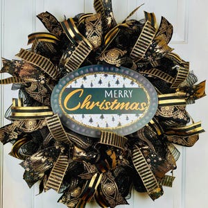 Black and Gold shimmery Merry Christmas Wreath: 24&quot; Holiday Decor