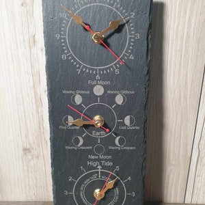 Laser engraved Time, Tide and Moon Phase Indoor SLATE WALL CLOCK 12cm x 30cm