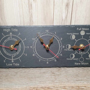 Laser engraved Time, Tide and Moon Phase SLATE WALL CLOCK 30cm x 12cm