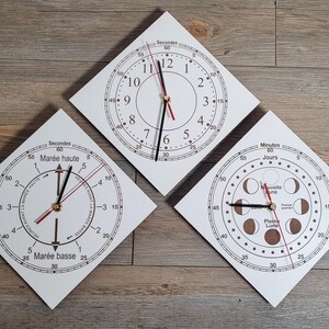 FRENCH marée Phase de lune 3 part Horlogeh Murale Laser engraved Time, Tide and Moon Phase  MDF Wall CLOCK 20cm x 20cm each Whiteboard