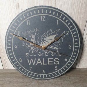 Slate WELSH DRAGON Quartz CLOCK.  Wales. Wall mounted. Engraved Slate 25cm