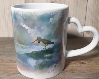 Heart Handled Mug Oystercatcher Watercolor design