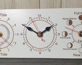 Horizontal Laser Engraved Time, Tide & Moon Phase Whiteboard Wall Clock Handmade MDF 3-in-1 Nautical Clock | Personalized Gift 28cm x 11cm