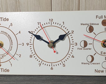 Laser engraved Time, Tide and Moon Phase Whiteboard MDF WALL CLOCK 28cm x 11cm