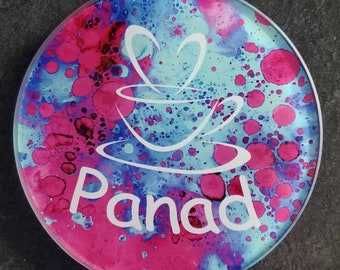 Panad design glass coaster, 10 cm sublimated with clear pads on reverse.
