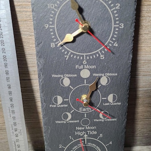 Laser gravierte Zeit, Gezeiten und Mondphase Indoor SCHIEFER WANDUHR 12 cm x 30 cm