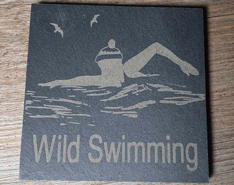 10cm x 10cm WILD SWIMMING freestyle wild swimmer grey slate coaster.