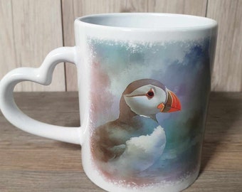 Heart Handled Mug Puffin Watercolor design