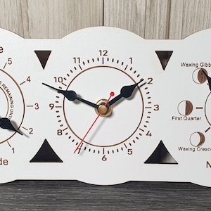 Peut inclure: Une horloge en bois blanc avec trois faces circulaires. La face gauche montre une horloge des marées avec les mots "Marée haute" et "Marée basse". La face du milieu est une horloge standard avec des aiguilles noires et des chiffres romains. La face droite est une horloge des phases lunaires avec les mots "Pleine lune", "Nouvelle lune", "Premier quartier", "Dernier quartier", "Gibbeuse croissante", "Gibbeuse décroissante", "Croissant croissante", et "Croissant décroissante".
