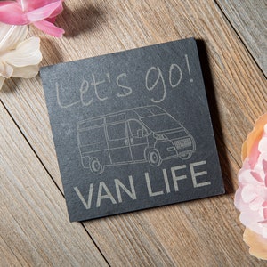 10cm x 10cm Let's go!  VAN LIFE grey slate coaster