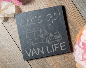 10cm x 10cm Let&#39;s go!  VAN LIFE grey slate coaster