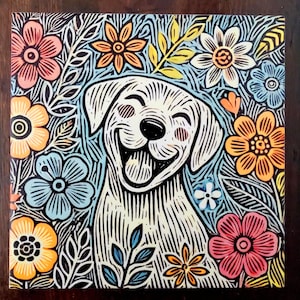 May include: A white dog with a black nose and black eyes is smiling with its mouth open. The dog is surrounded by colourful flowers with black outlines. The background is a dark blue.