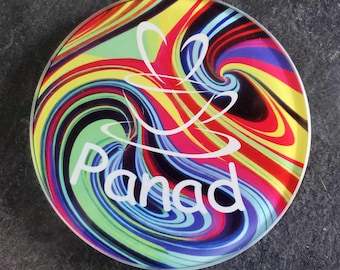 Panad design glass coaster, 10 cm sublimated with clear pads on reverse.